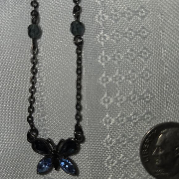 1928 Black and Blue Butterfly Gem Necklace Gunmetal Victorian Revival Goth 18" - Picture 2 of 12